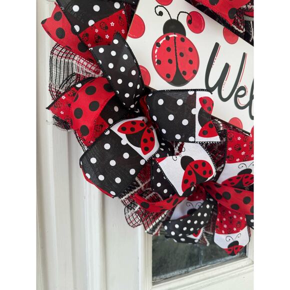 Welcome Ladybug Ribbon Deco Mesh Spring Summer Wreath, Front Door Hanger - Picture 4 of 8